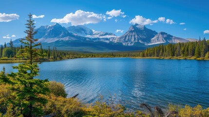 A serene lake surrounded by lush greenery and a majestic mountain in the background, perfect for travel or outdoor adventure use