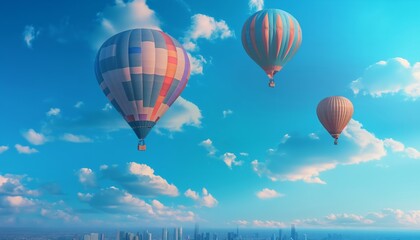 Fototapeta premium Three hot air balloons floating serenely against a bright blue sky, with a city skyline visible in the distance, representing freedom and adventure in a modern urban setting.