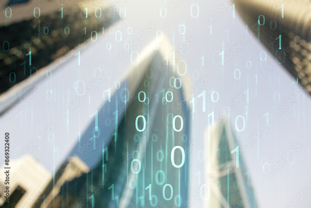 Aufkleber double exposure of abstract virtual binary code hologram on modern skyscrapers background. database 