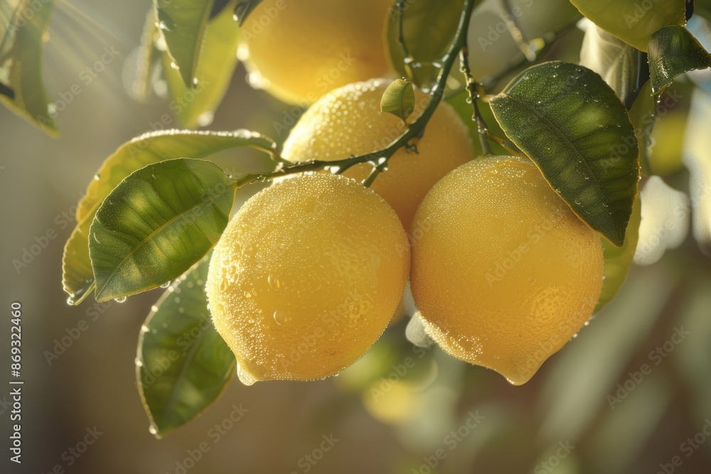 Poster fresh lemons hanging from a tree branch, ripe and ready for use