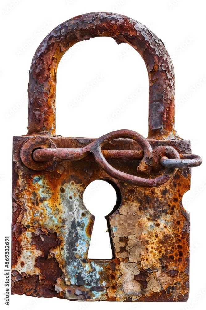 Poster a close-up of an old, rusty padlock with a keyhole on a white background, ideal for use in illustrat