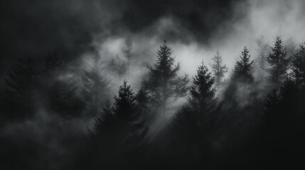 Fototapeta premium Dark misty forest with tall trees and dense fog.