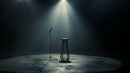 Empty stage with a stool and microphone stand under spotlight.