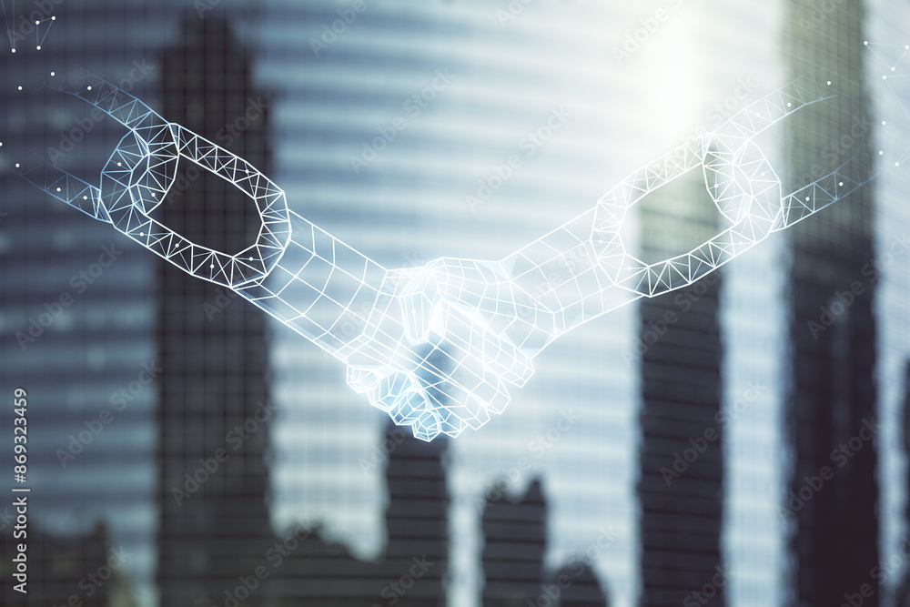Poster abstract virtual blockchain technology hologram with handshake on office buildings background. digit