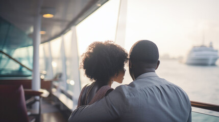 Smiling african american couple on cruise ship enjoying the ocean view, copy space