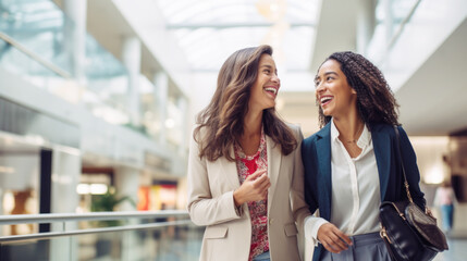 Two smiling young women shopping at mall, carrying shopping bags