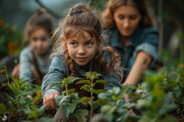Young Girl Planting Green Saplings in a Garden on a Sunny Day