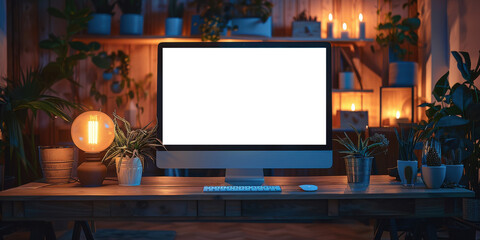 A computer monitor is on a desk with a few potted plants in the background