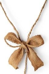A small brown bow tied with twine on a white background, perfect for decorating or crafting