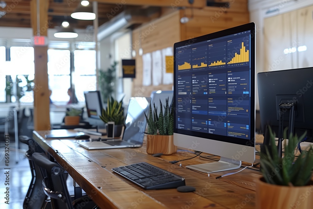 Poster modern office desk with desktop computer displaying data charts and graphs
