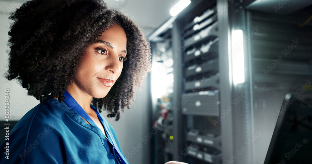 Aufkleber Laptop, server room and woman programming software, update or system network maintenance. Technology, data center or technician on database for information, cyber security or code for cloud computing