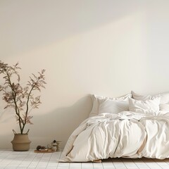 bed in a minimalist interior bedroom in front of empty wall