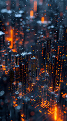 Futuristic cityscape with glowing digital lines and skyscrapers