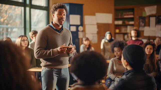 Black South American Teacher Engaging Diverse Classroom of Students