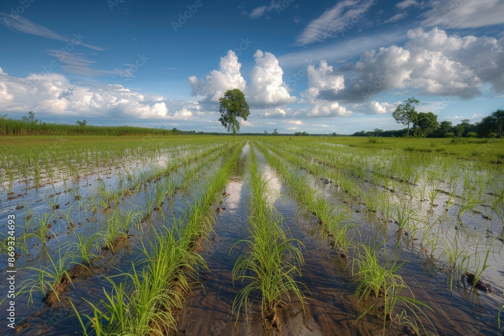 Poster A lonely tree stands out against the backdrop of a flooded field, perfect for use as a background or to illustrate themes of solitude and nature
