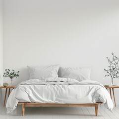 white bed in a bedroom in front of empty wall