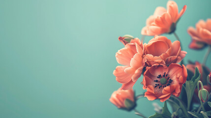 Fototapeta premium Photo of pink flowers on a blue background, with copy space for text or design. Vintage color filter effect with soft focus and blurred edges. Background in pastel colors with a spring concept in a mi