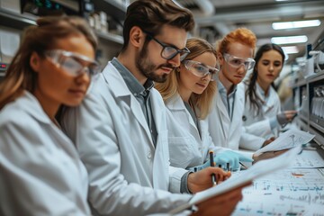Fototapeta premium Scientists in Lab Coats Review Research Data in Laboratory Setting