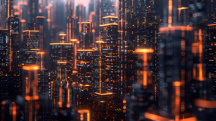 Fototapeta premium Futuristic cityscape with glowing digital lines and skyscrapers