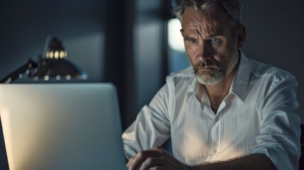 Focused senior man working late at night on laptop. The room is dimly lit with a modern lamp. Professional workspace ambiance. Ideal image for themes of dedication, technology, and night work. AI