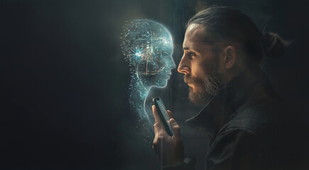 Love Between Man and Virtual Assistant. Humanity and Artificial Intelligence. Lonely man and his technological companion robot assistant. 3d hologram.