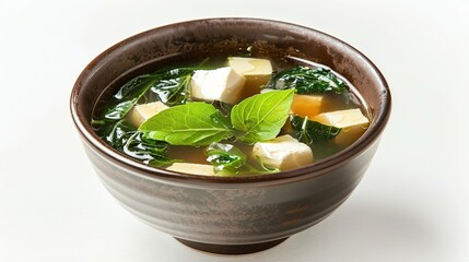 Delicious Tofu and Spinach Soup in a Brown Bowl