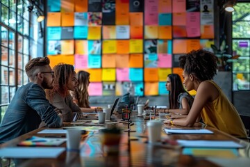 Fototapeta premium Diverse Team Meeting Around a Large Table in an Office Space With a Wall of Colorful Sticky Notes