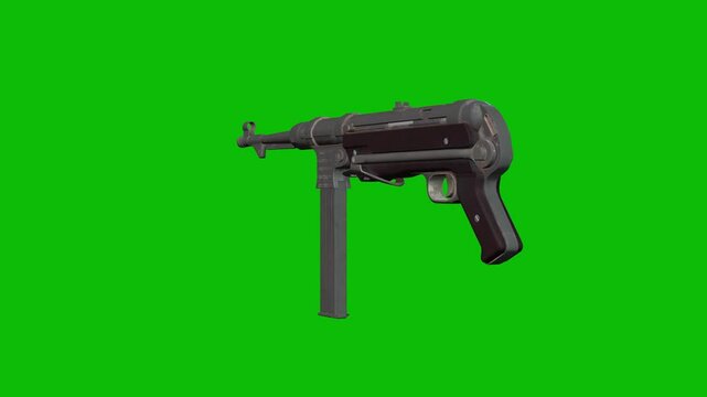 3D model of a World War 2 submachine gun MP40 rotating 360 degrees on green screen 3D animation