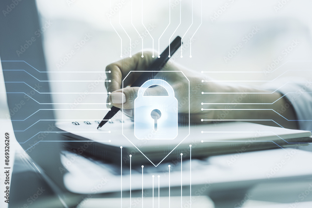 Aufkleber double exposure of creative lock hologram with chip and hand writing in notebook on background with 