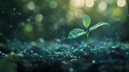 Abstract digital green plant growing in soil, artificial intelligence and big data concept background