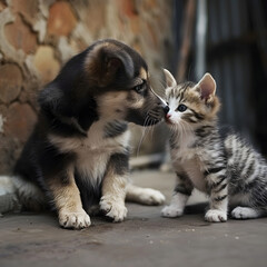 Obraz premium Playful puppy sniffing noses with a curious kitten in a heartwarming display of interspecies friendship