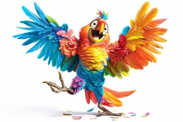 Obraz premium A vibrant parrot adorned in a feathered costume, exuding happiness with a wide, colorful grin against a clear white background.