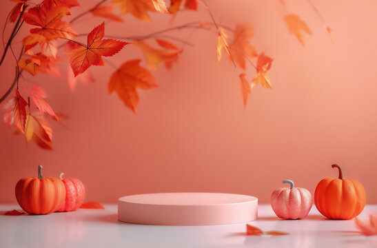 Empty product podium in pink and orange colors with autumn decor of decorative pumpkins and maple leaves. Great design with copy space.