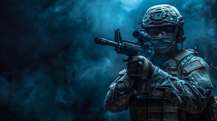 Fototapeta premium Soldier Aiming Rifle in Blue Smoke During Nighttime Operation