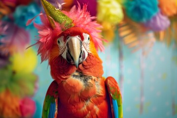 A joyful parrot wearing a colorful feather boa and a festive party hat, giggling with delight.