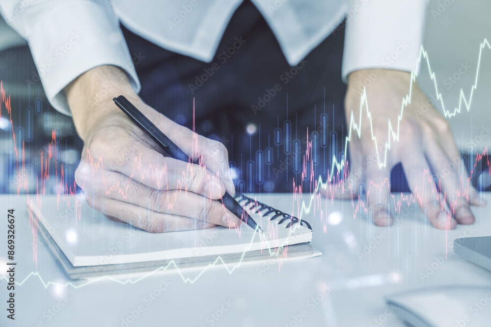 Aufkleber multi exposure of abstract financial graph with hand writing in notebook on background, financial an