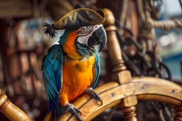 Naklejka premium A cheerful parrot with a pirate hat and eye patch perched on a wooden ship's wheel.