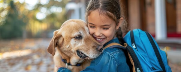 Children saying goodbye to their pets before entering school, back to school, unique moment