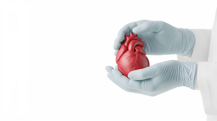 A human heart model being held carefully in gloved hands, set against a clean, white background. Copy space.