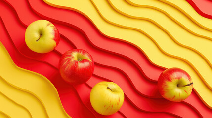 Four apples placed on an abstract wavy background with alternating bright red and yellow waves