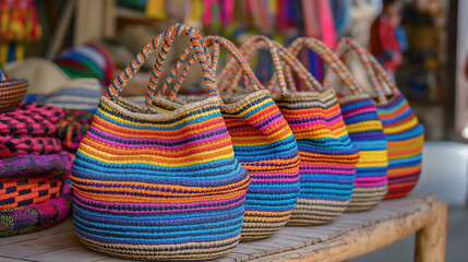 A lineup of vibrant, colorful hand-woven baskets displayed on a wooden table, showcasing a variety of bright stripes and patterns
