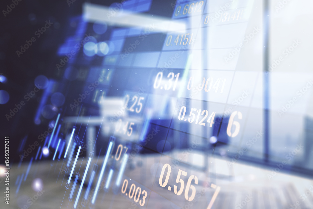 Poster multi exposure of abstract creative financial chart and modern desktop with laptop on background, re