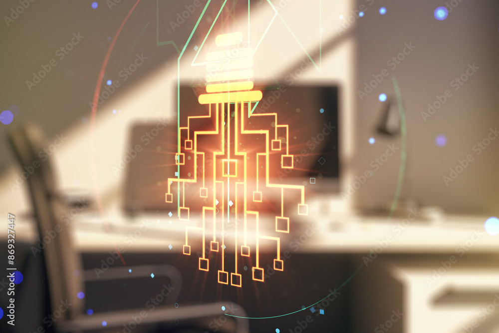 Poster double exposure of creative light bulb hologram with chip and modern desktop with laptop on backgrou