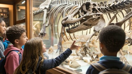 A teacher showing students a model of a dinosaur skeleton in a natural history museum