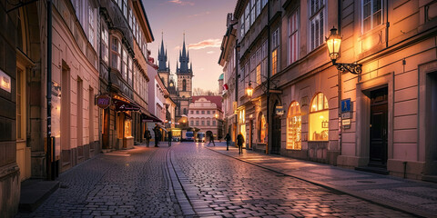 Fototapeta premium Cobblestone streets lined with old buildings, a towering cathedral, and warm street lamps at dusk in a historic European city, with people strolling leisurely.