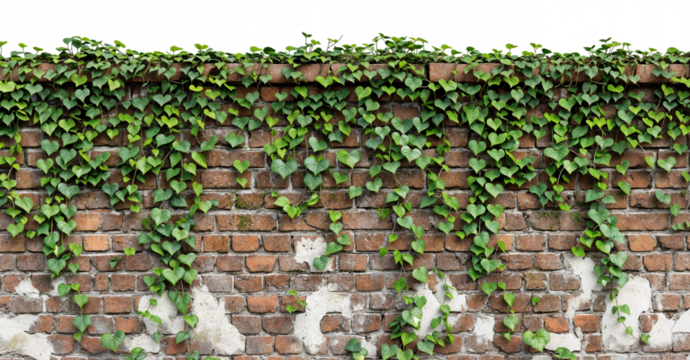 Brick Wall with Climbing Ivy Vines on Transparent Background: Natural and Rustic Design Element