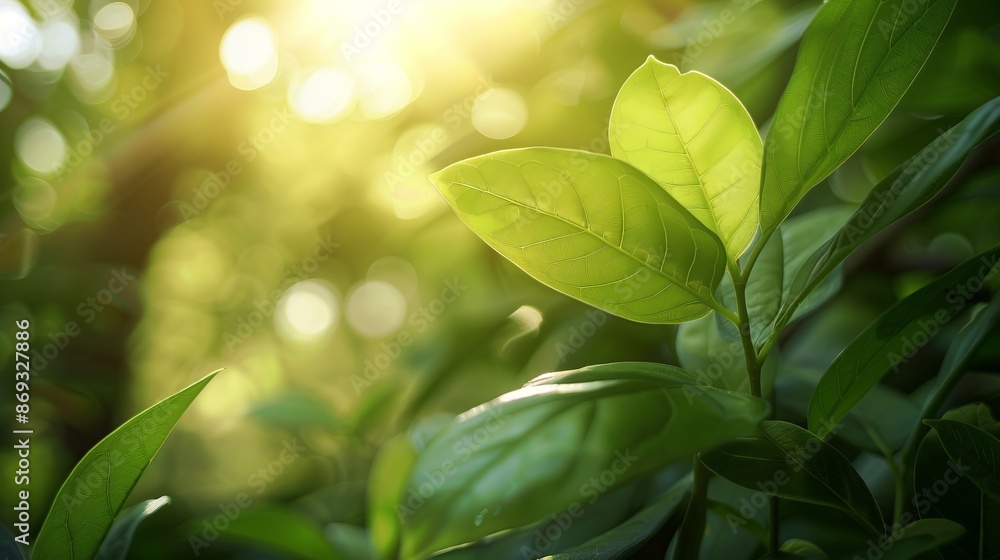 Poster sunlit green leaves with natural bokeh. a serene nature scene with fresh foliage and warm sunlight. 