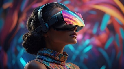 Abstract painting of a virtual world around a young woman in VR glasses.