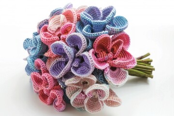 Obraz premium Elegant crochet flower bouquet with intricate petal details, perfect for weddings, home decor, and craft projects. Isolated on white background.