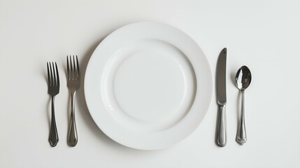 Empty White Plate with Fork, Knife, and Spoon on White Background